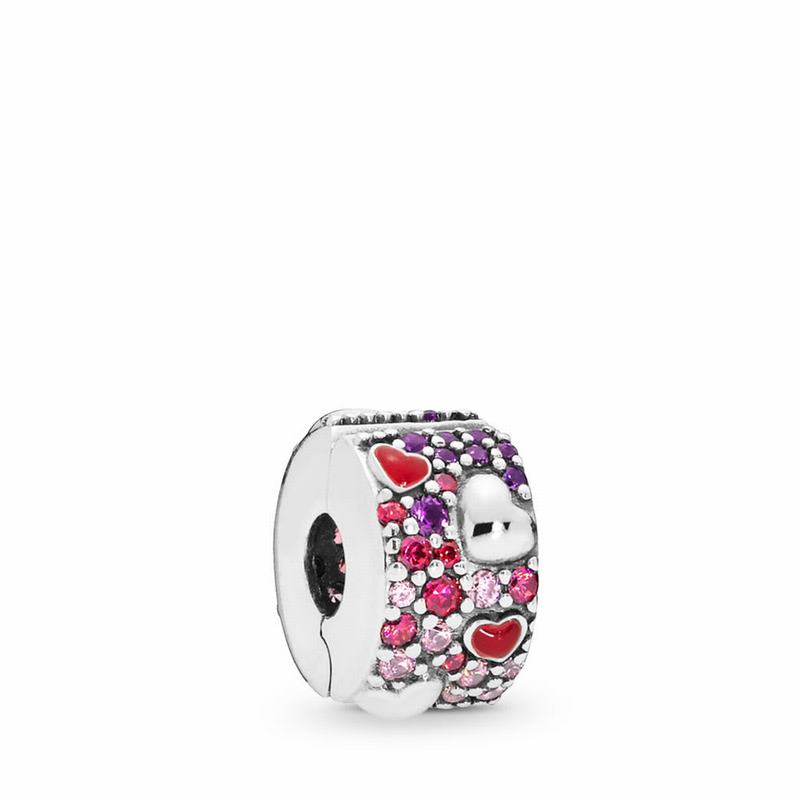 Pandora Asymmetric Hearts Of Love Clip-on Charm - Sterling Silver/Enamel/Mixed Stones - Canada | NO2